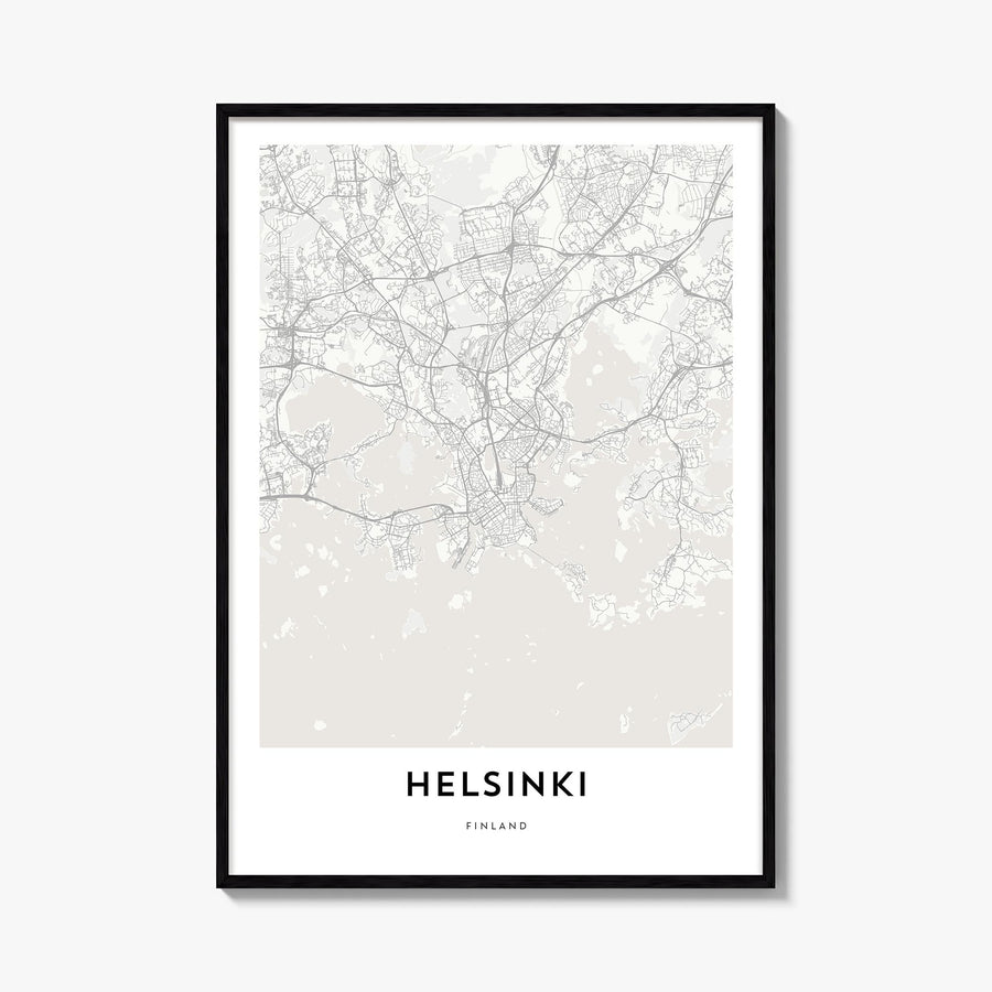 Helsinki black & white map poster of Finland – vertical wall art, unframed print shown in interior mockup