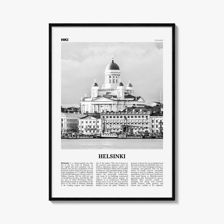Helsinki black & white newspaper poster of Finland – vertical wall art, unframed print shown in interior mockup