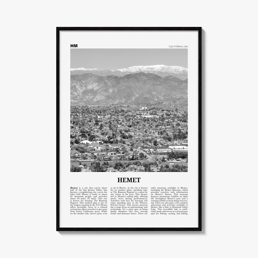 Hemet black & white newspaper poster of California, USA – vertical wall art, unframed print shown in interior mockup