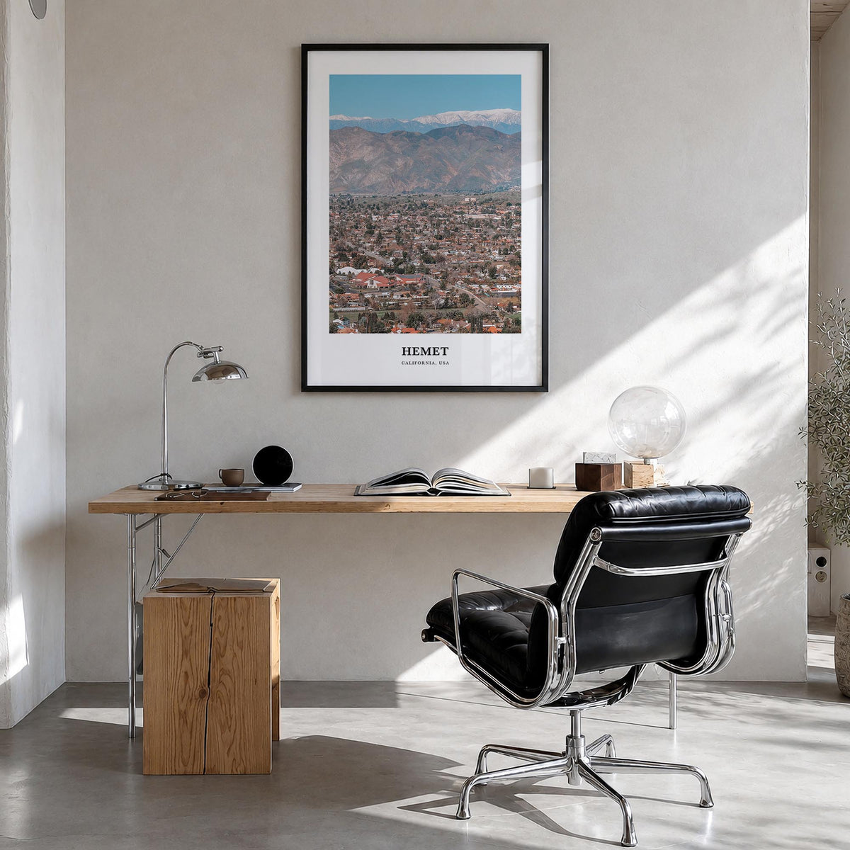 Hemet colorful classic poster of California, USA – vertical wall art in black wood frame, hanging on wall