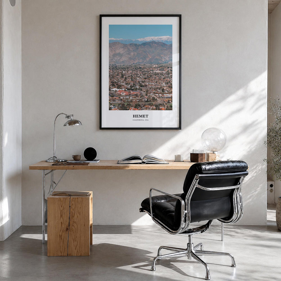Hemet colorful classic poster of California, USA – vertical wall art in black wood frame, hanging on wall