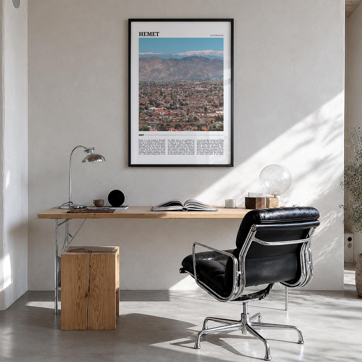Hemet colorful travel poster of California, USA – vertical wall art in black wood frame, hanging on wall