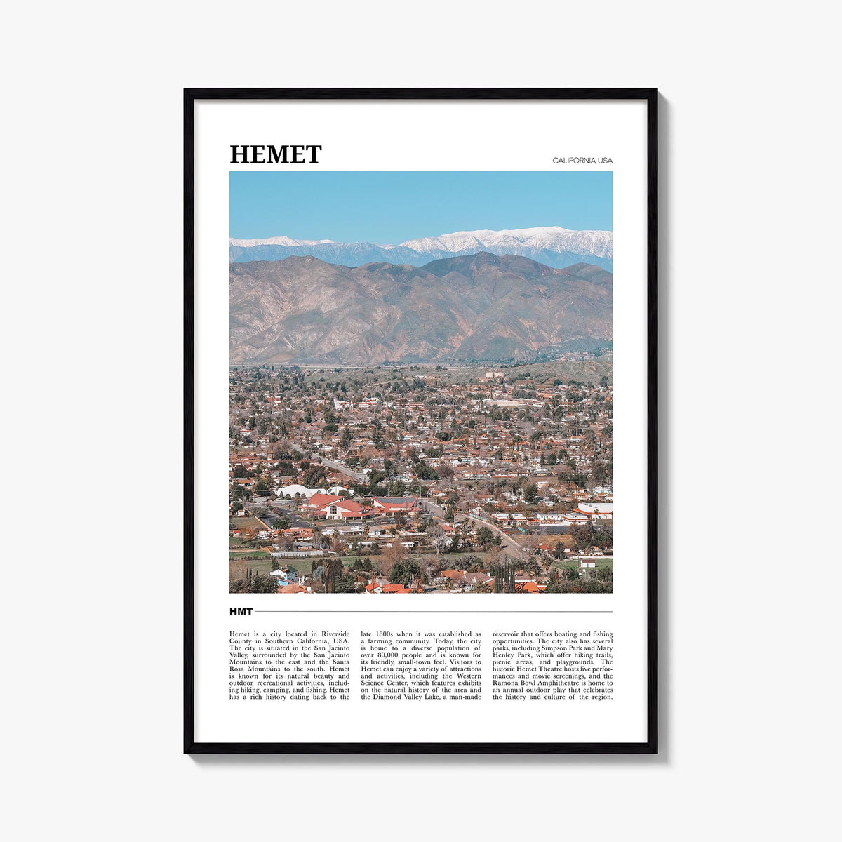 Hemet colorful travel poster of California, USA – vertical wall art, unframed print shown in interior mockup