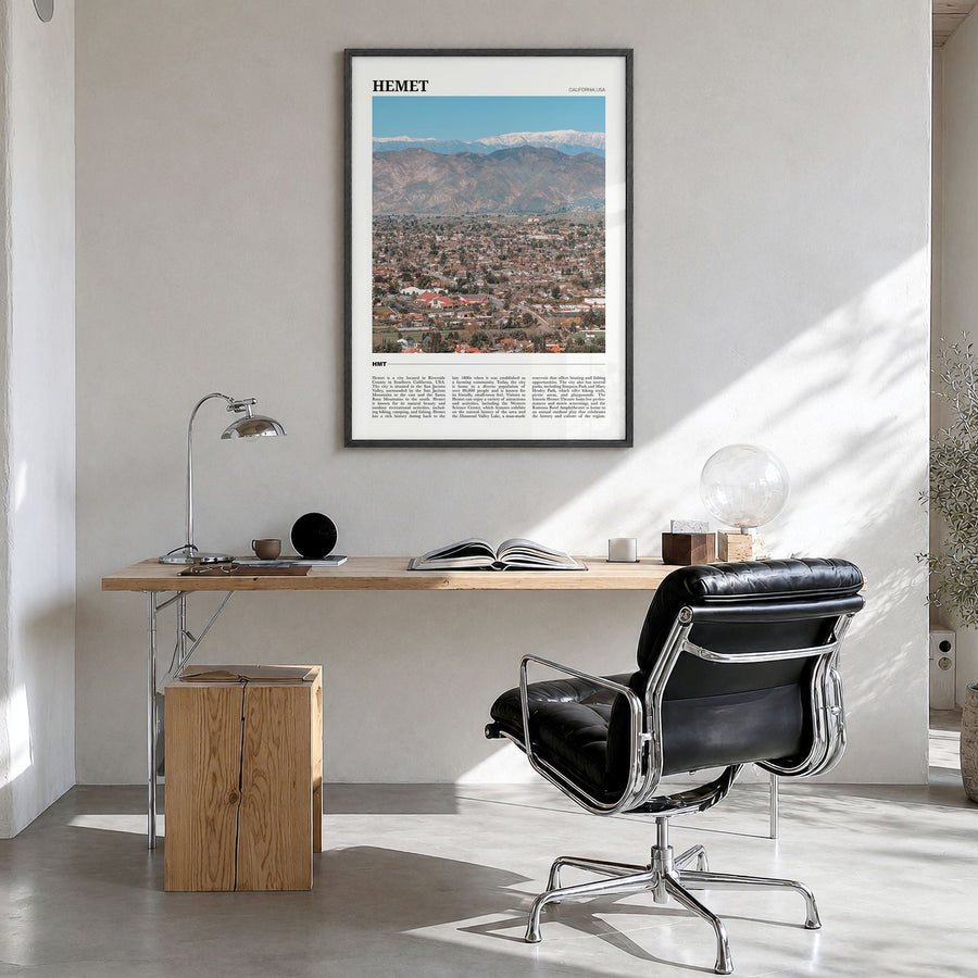 Hemet Travel Poster in a black wood frame, hanging in a bright home office