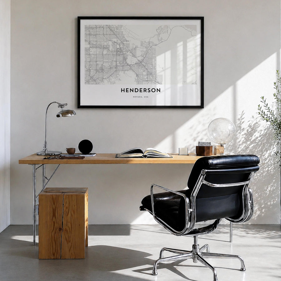 Henderson black & white map poster of Nevada, USA – horizontal wall art in black wood frame, hanging on wall