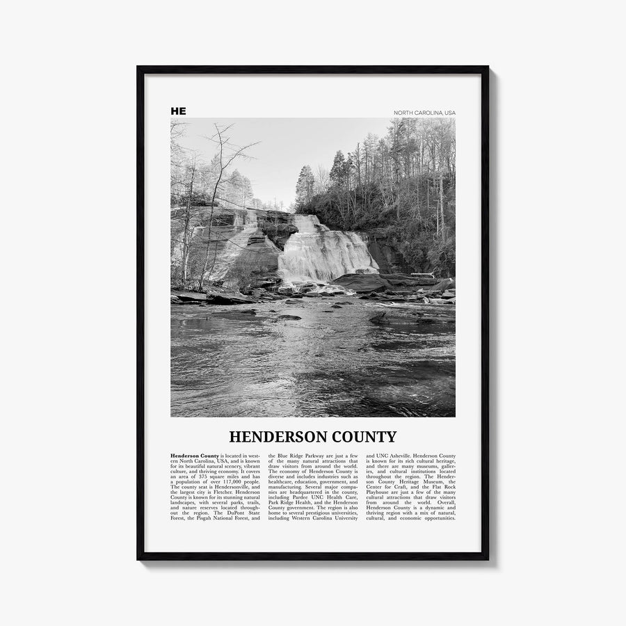 Henderson County black & white newspaper poster of North Carolina, USA – vertical wall art, unframed print shown in interior 