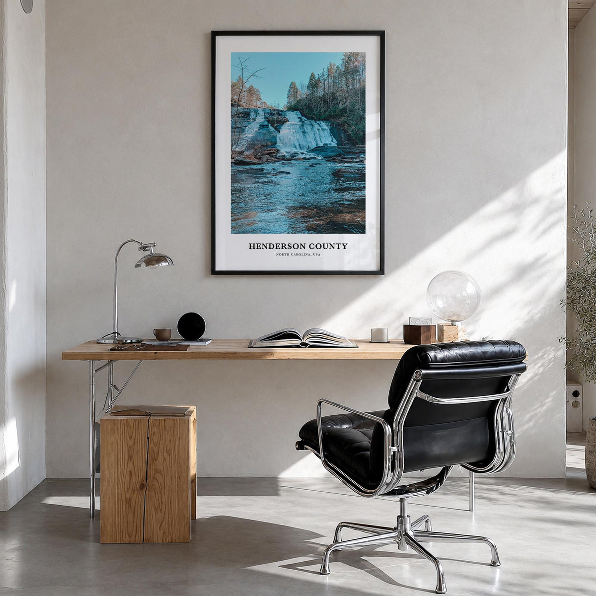Henderson County colorful classic poster of North Carolina, USA – vertical wall art in black wood frame, hanging on wall