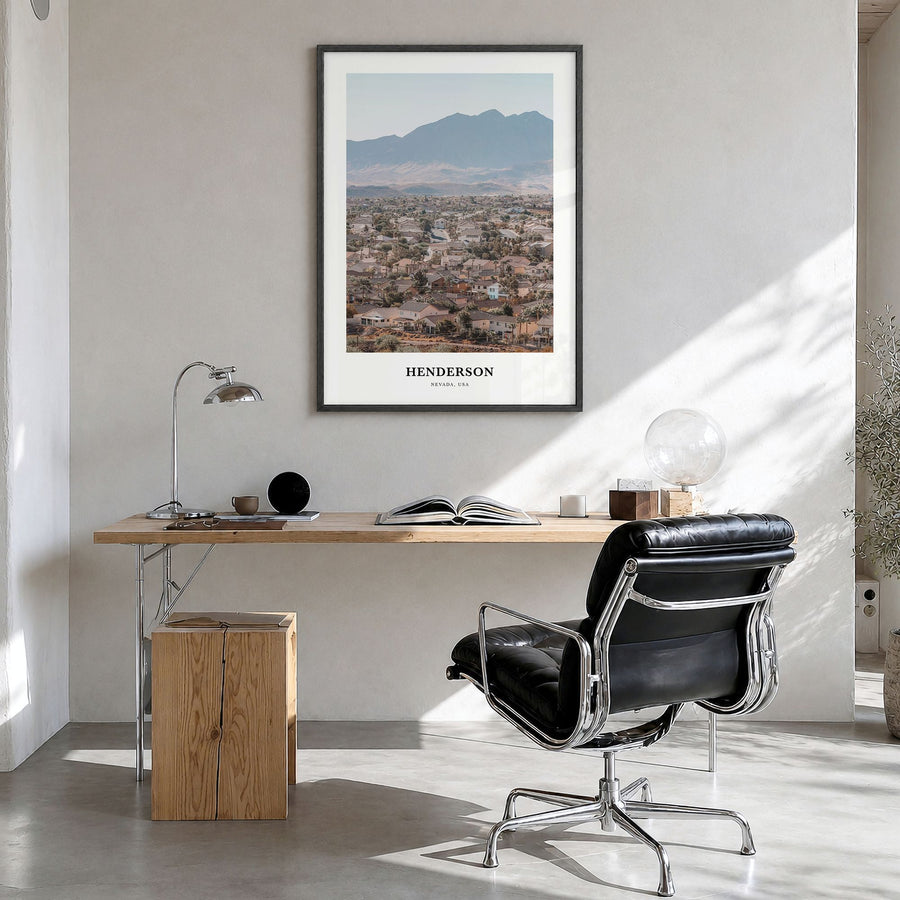 Henderson, Nevada Classic Poster in a black wood frame, hanging in a bright home office