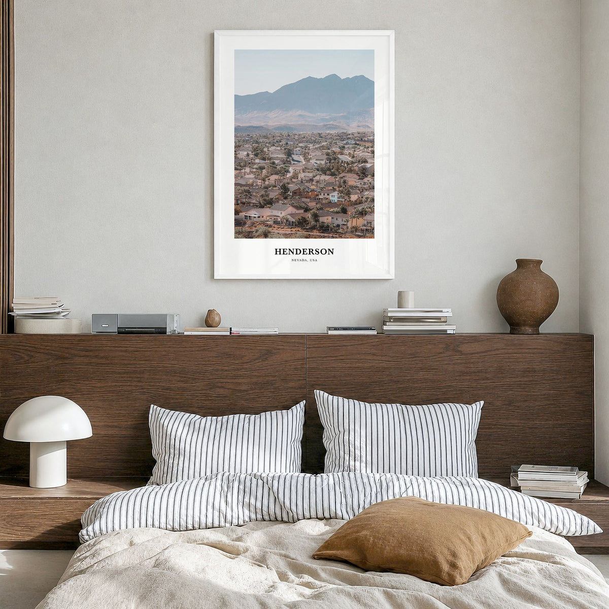 Henderson, Nevada Classic Poster in a white wood frame, hanging in a bedroom
