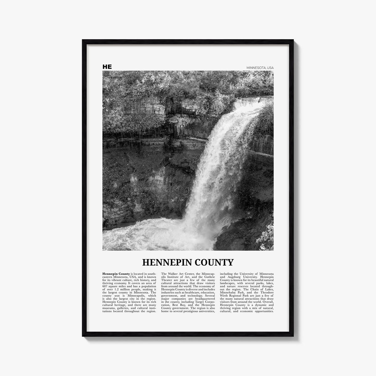 Hennepin County black & white newspaper poster of Minnesota, USA – vertical wall art, unframed print shown in interior mockup