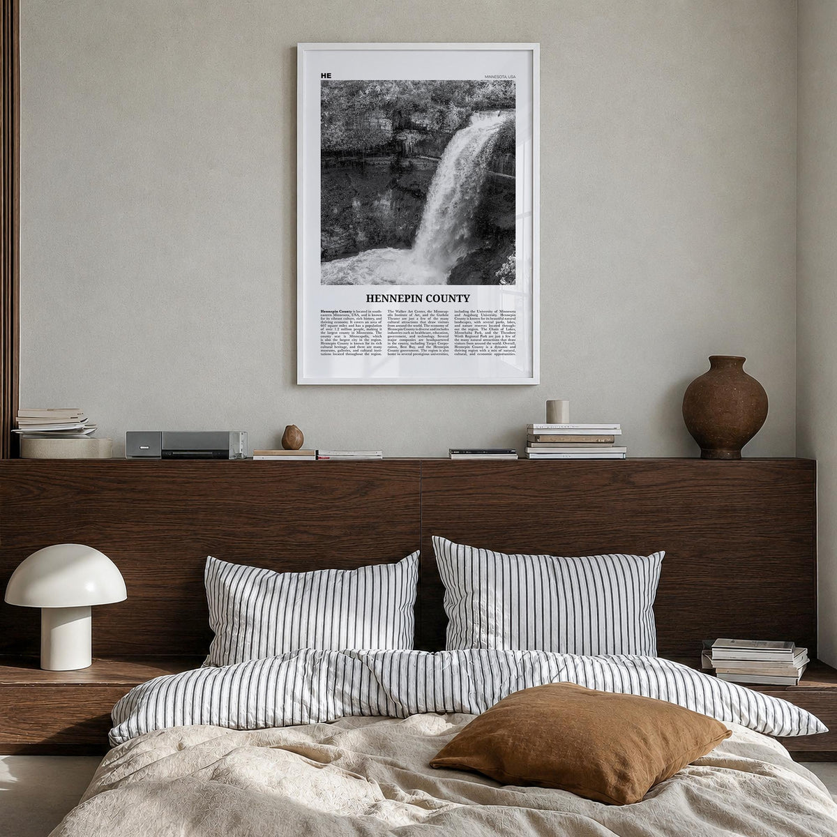 Hennepin County black & white newspaper poster of Minnesota, USA – vertical wall art in white wood frame, hanging on wall