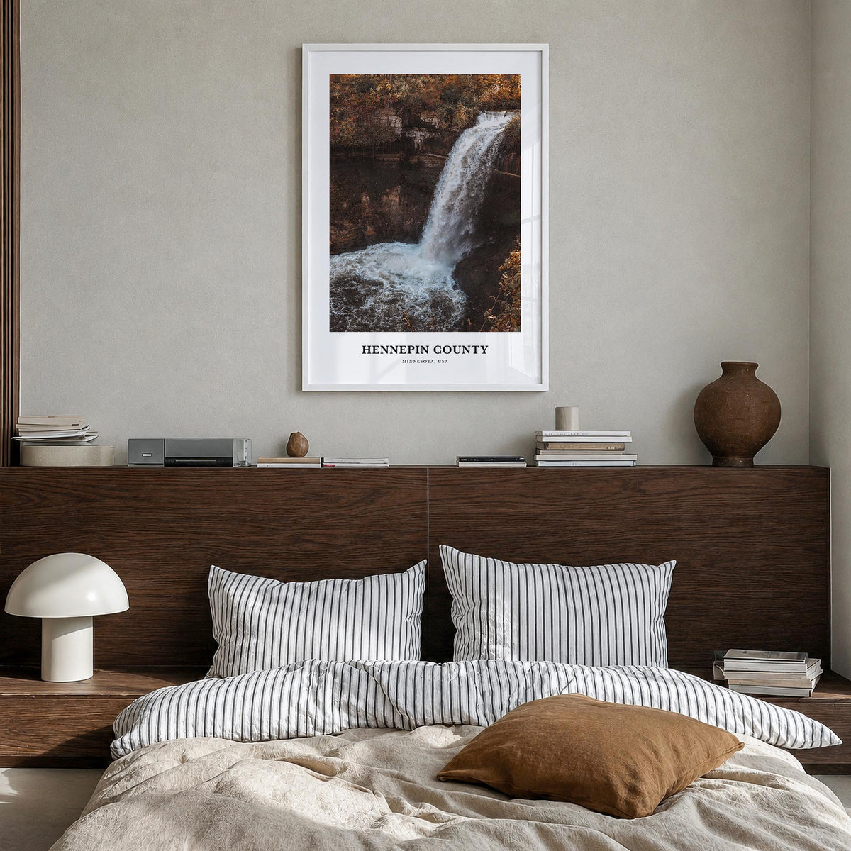 Hennepin County colorful classic poster of Minnesota, USA – vertical wall art in white wood frame, hanging on wall