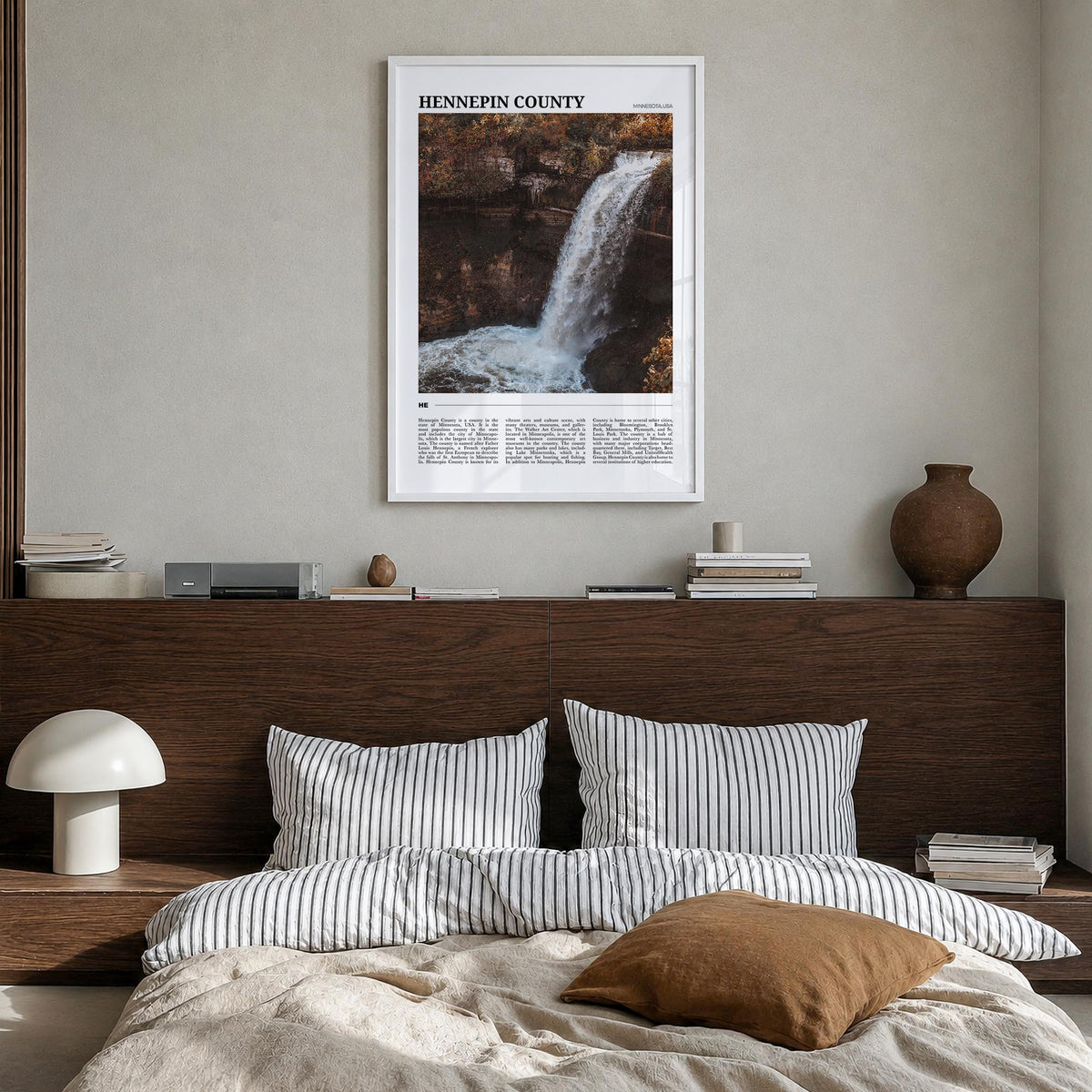 Hennepin County colorful travel poster of Minnesota, USA – vertical wall art in white wood frame, hanging on wall