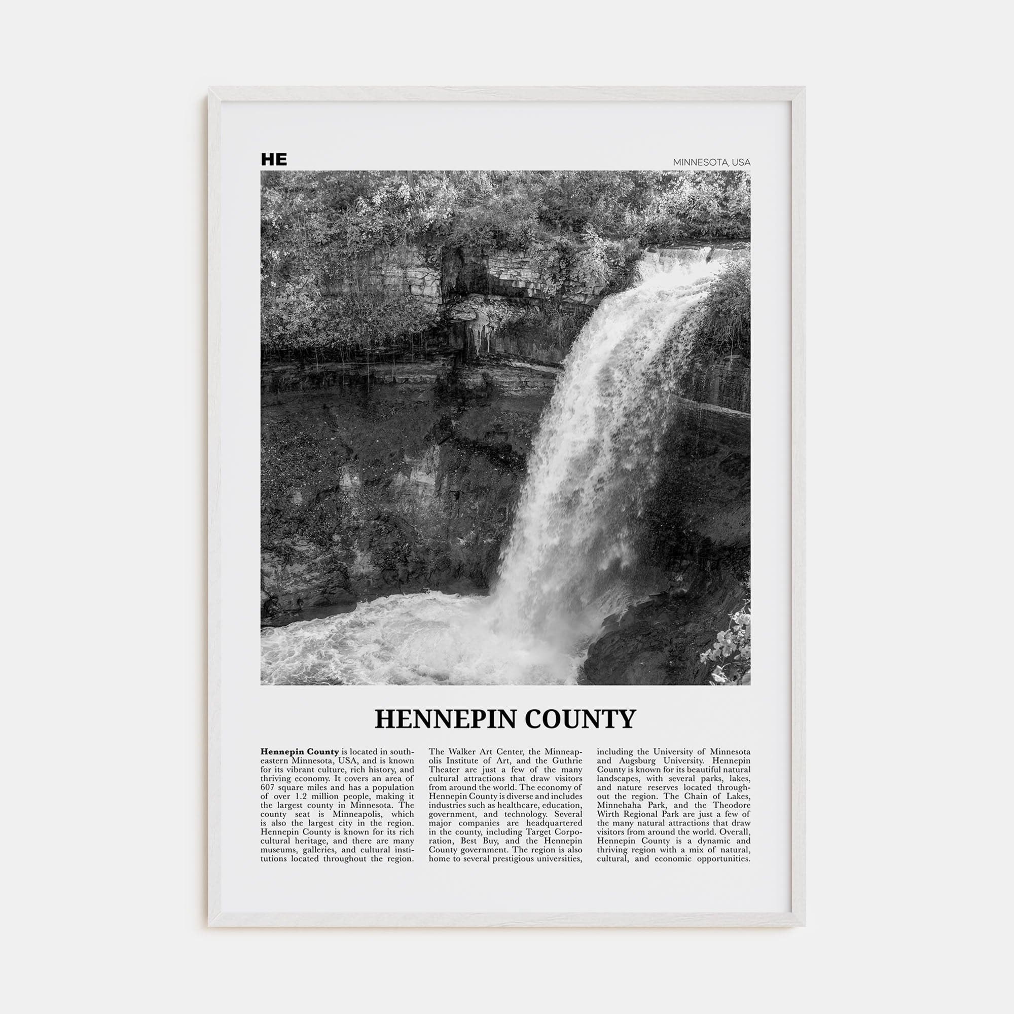 Hennepin County Poster White Wood / 8x12 in Nbourhood Travel B&W Poster