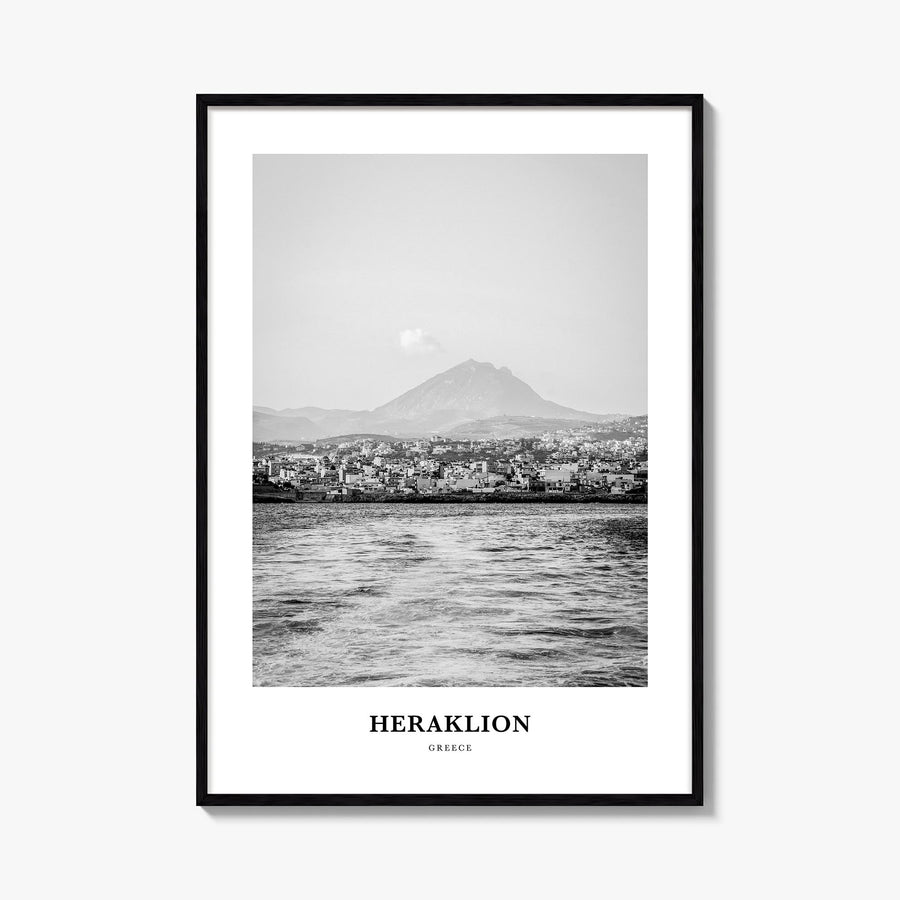 Heraklion black & white classic poster of Greece – vertical wall art, unframed print shown in interior mockup