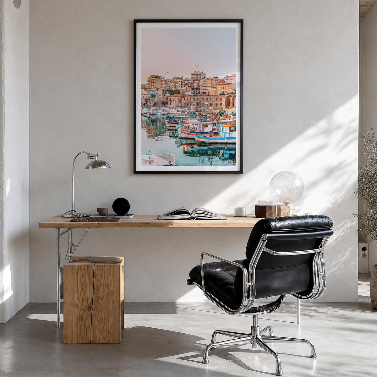 Heraklion colorful photo poster of Greece – vertical wall art in black wood frame with white border, hanging on wall