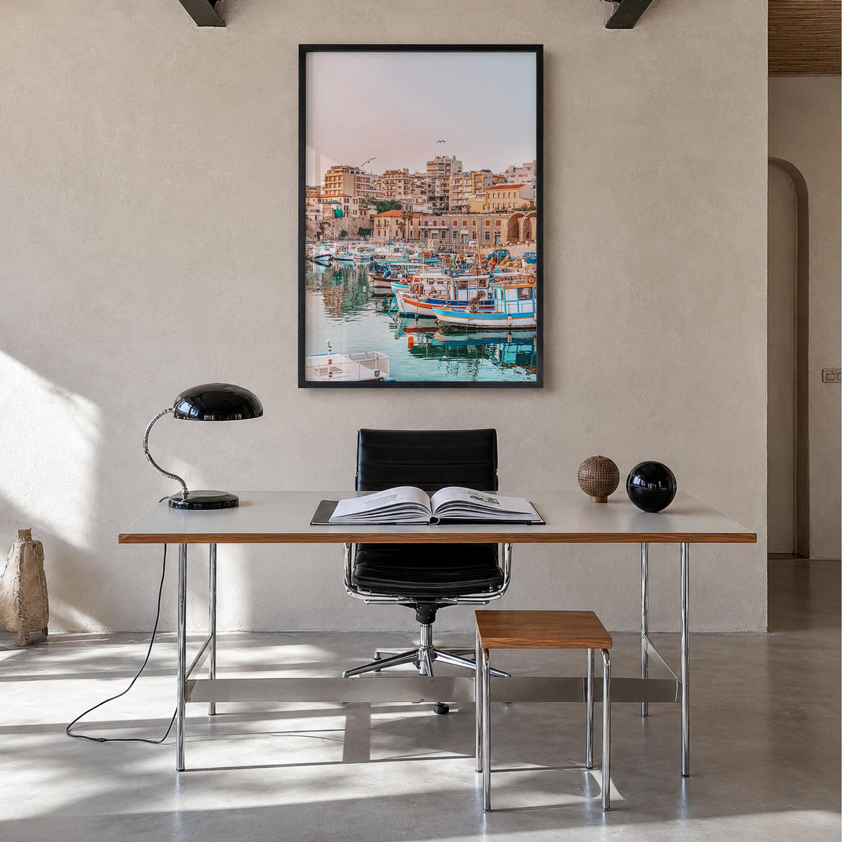 Heraklion colorful photo poster of Greece – vertical wall art in black wood frame, hanging on wall