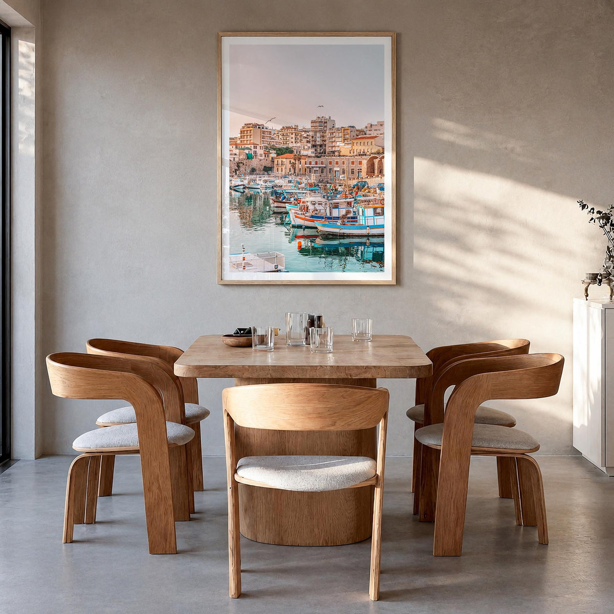 Heraklion colorful photo poster of Greece – vertical wall art in natural wood frame with white border, hanging on wall