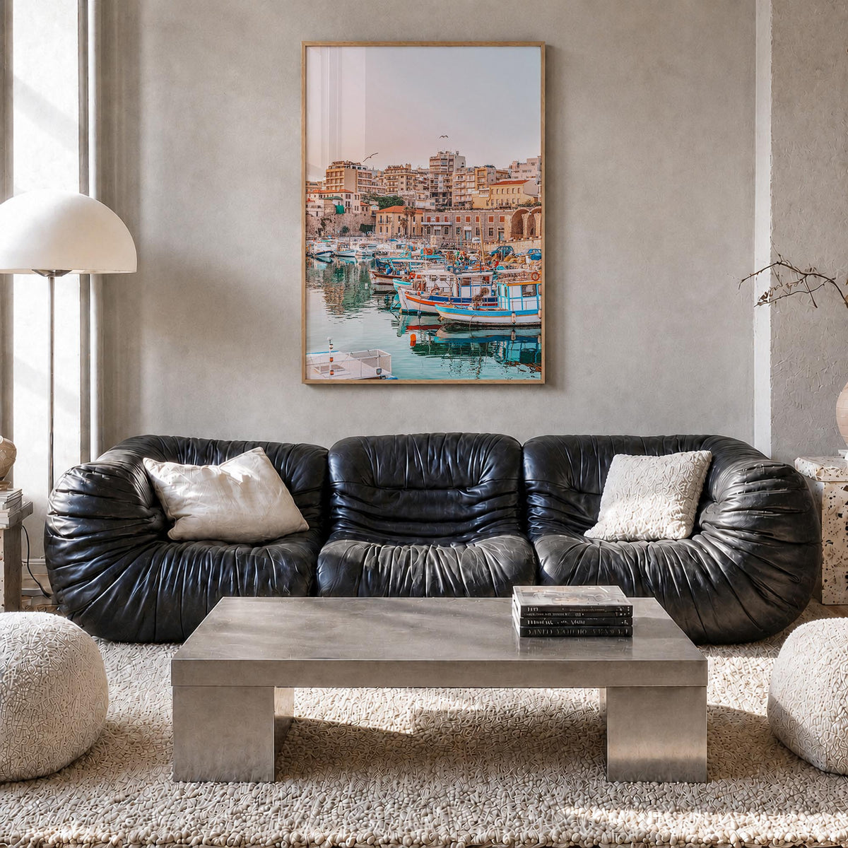 Heraklion colorful photo poster of Greece – vertical wall art in natural wood frame, hanging on wall