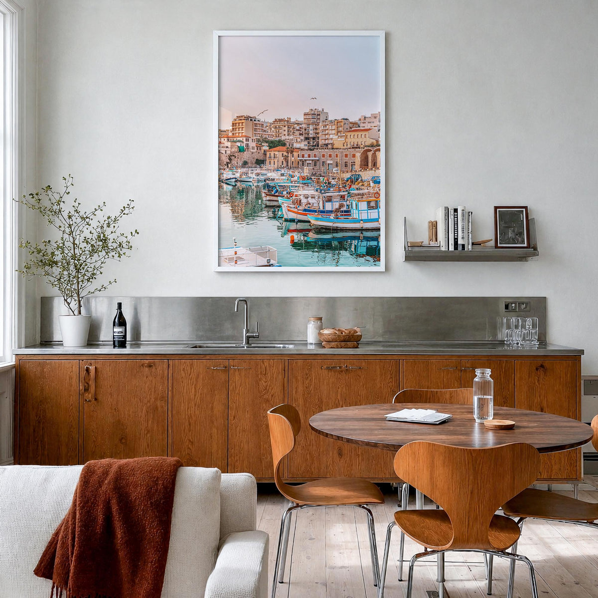 Heraklion colorful photo poster of Greece – vertical wall art in white wood frame, hanging on wall