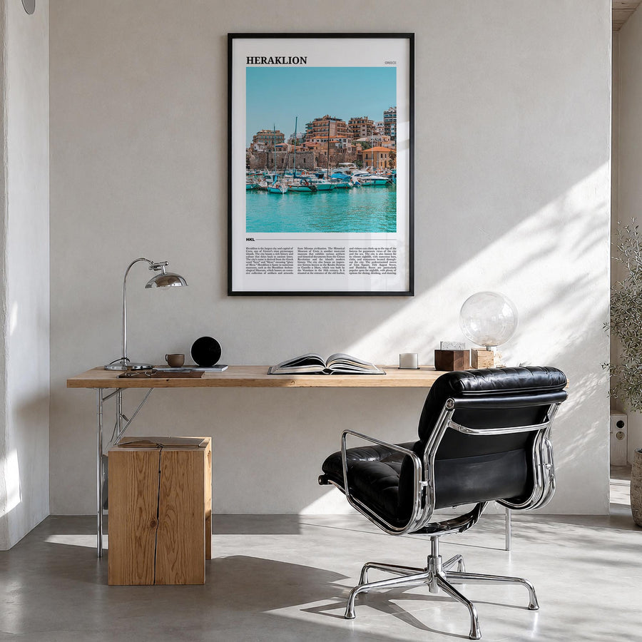 Heraklion colorful travel poster of Greece – vertical wall art in black wood frame, hanging on wall