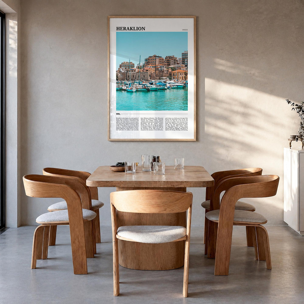 Heraklion colorful travel poster of Greece – vertical wall art in natural wood frame, hanging on wall
