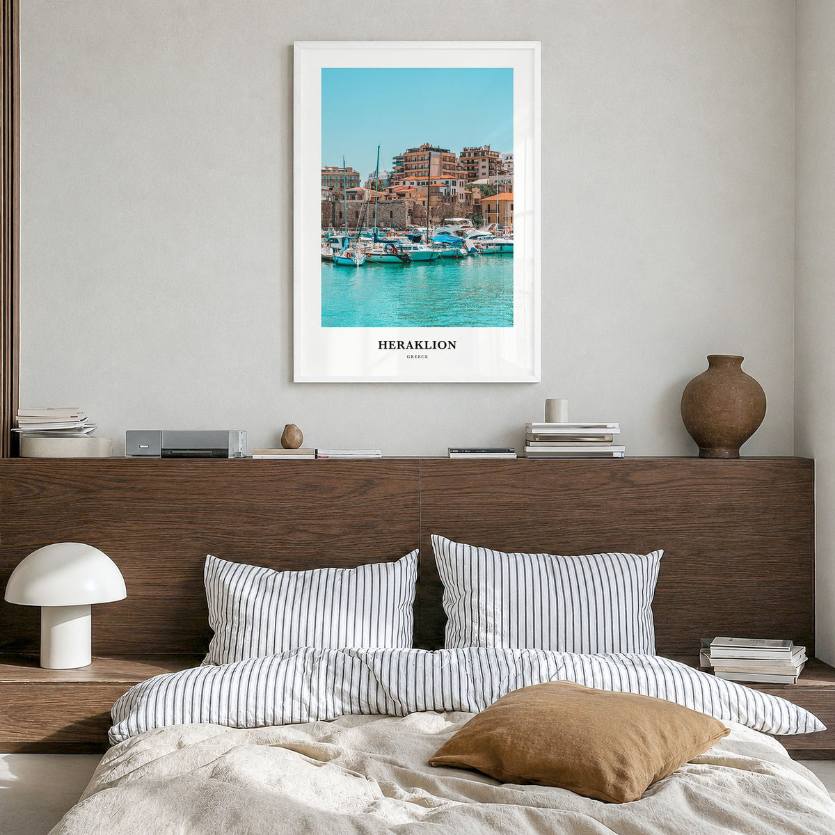 Heraklion Classic Poster in a white wood frame, hanging in a bedroom