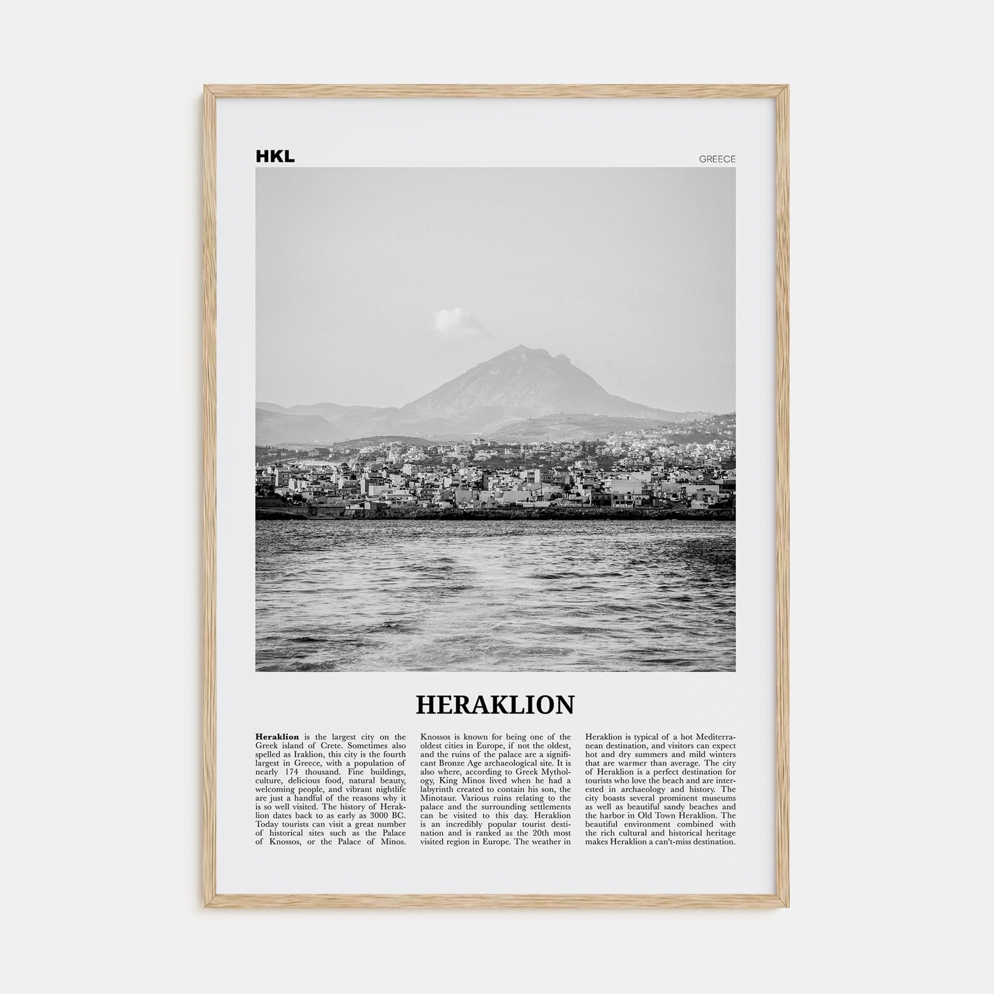 Heraklion Poster Natural Wood / 8x12 in Nbourhood Travel B&W Poster