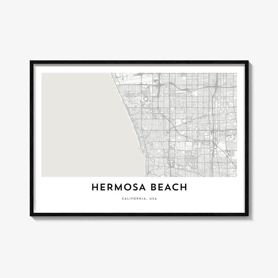 Hermosa Beach black & white map poster of California, USA – horizontal wall art, unframed print shown in interior mockup