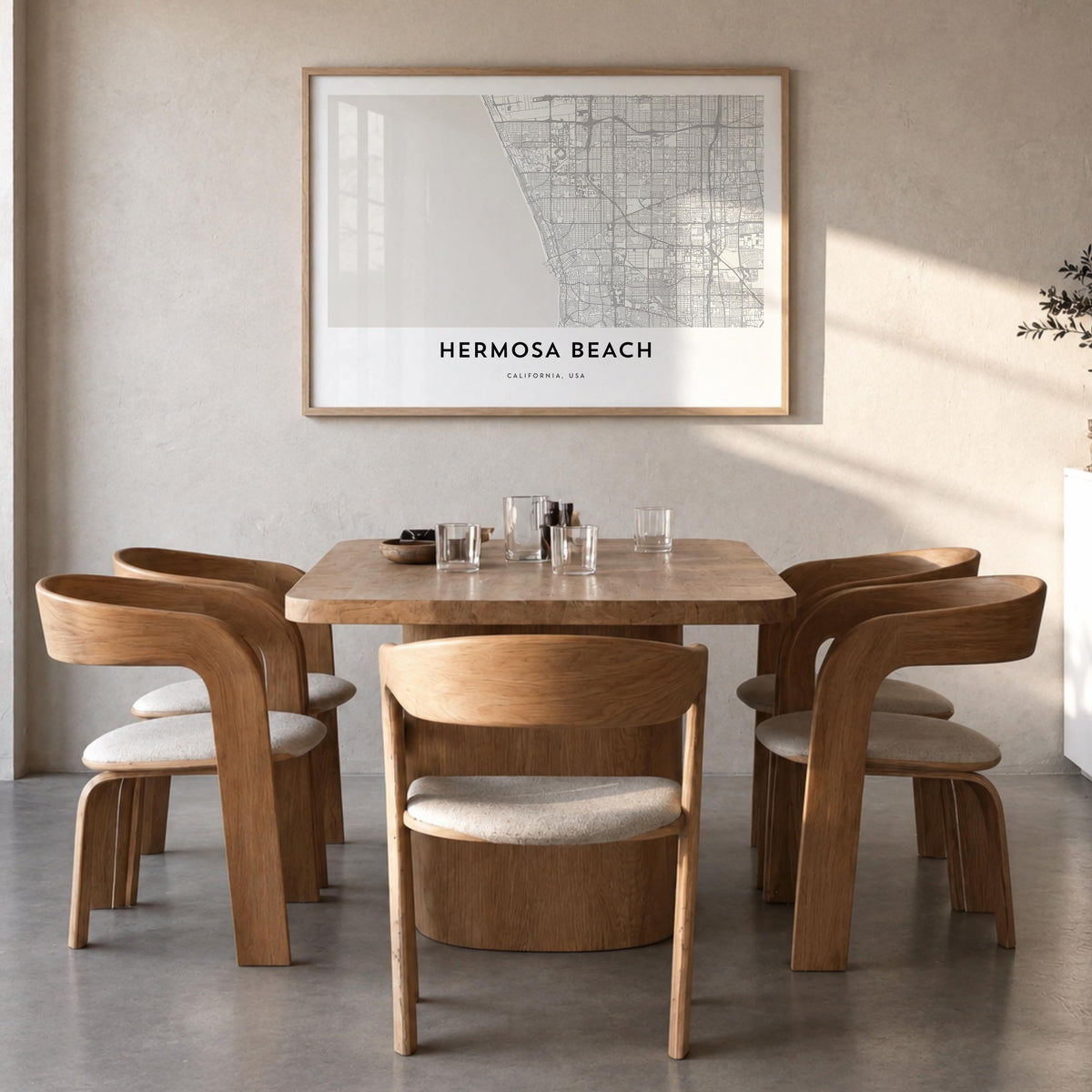 Hermosa Beach black & white map poster of California, USA – horizontal wall art in natural wood frame, hanging on wall