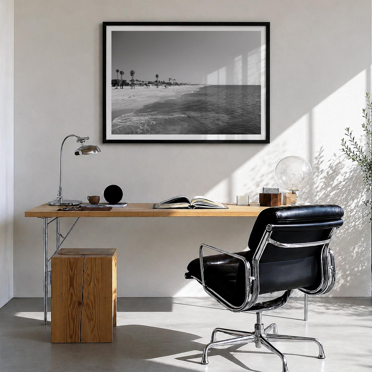 Hermosa Beach black & white photo poster of California, USA – horizontal wall art in black wood frame with white border, hang