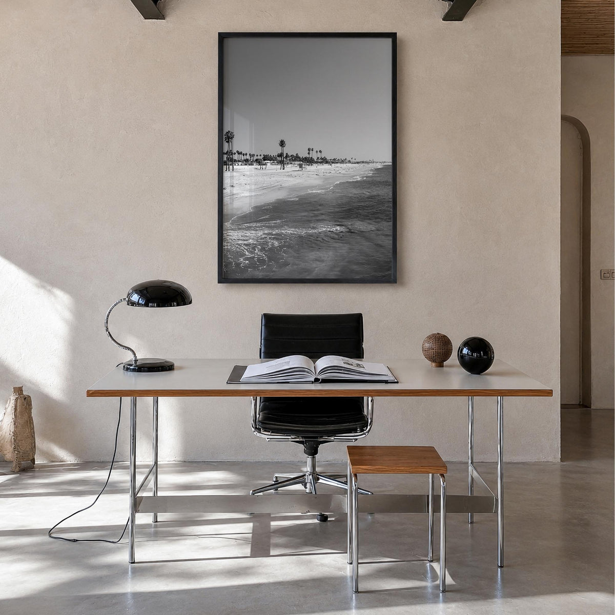 Hermosa Beach black & white photo poster of California, USA – vertical wall art in black wood frame, hanging on wall
