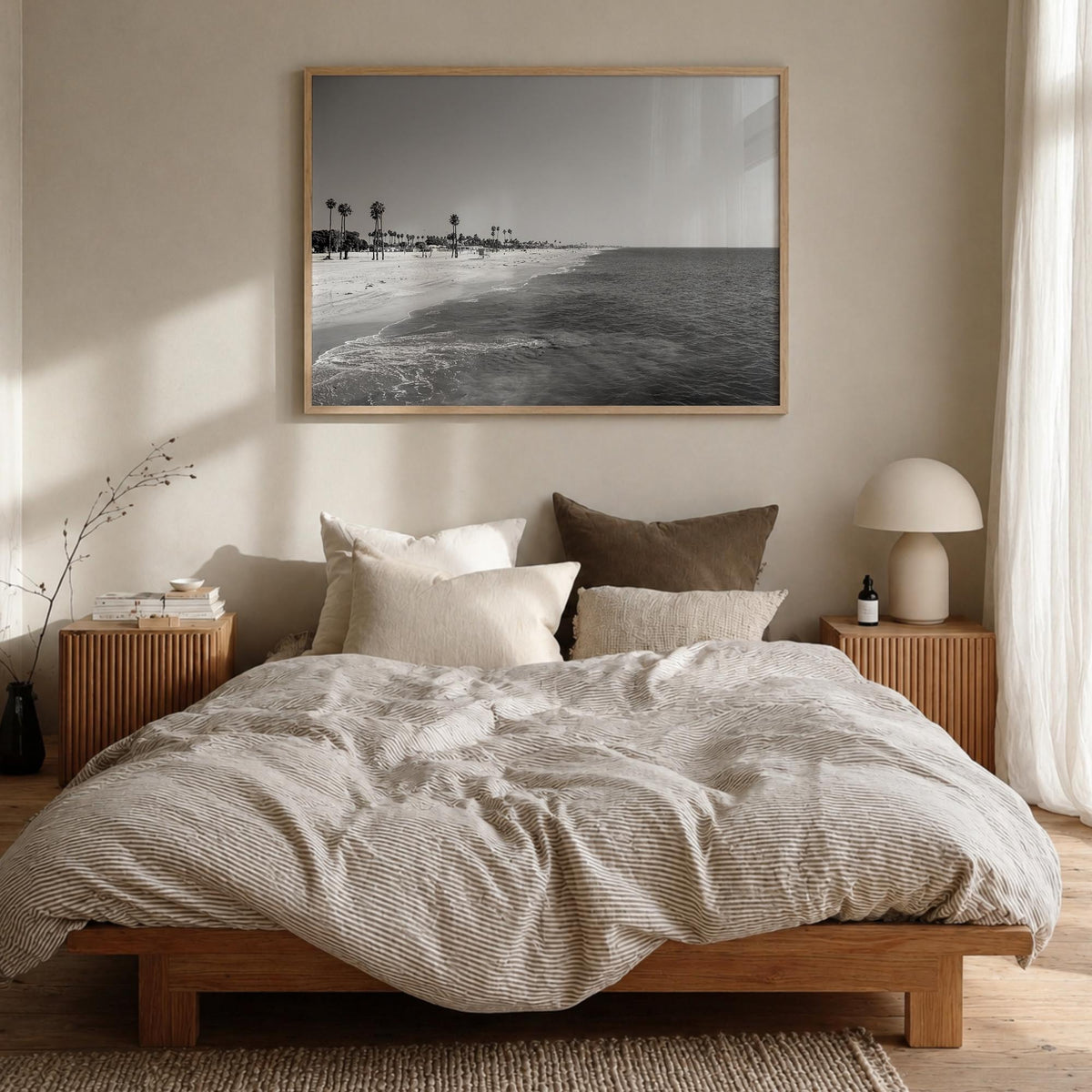 Hermosa Beach black & white photo poster of California, USA – horizontal wall art in natural wood frame, hanging on wall