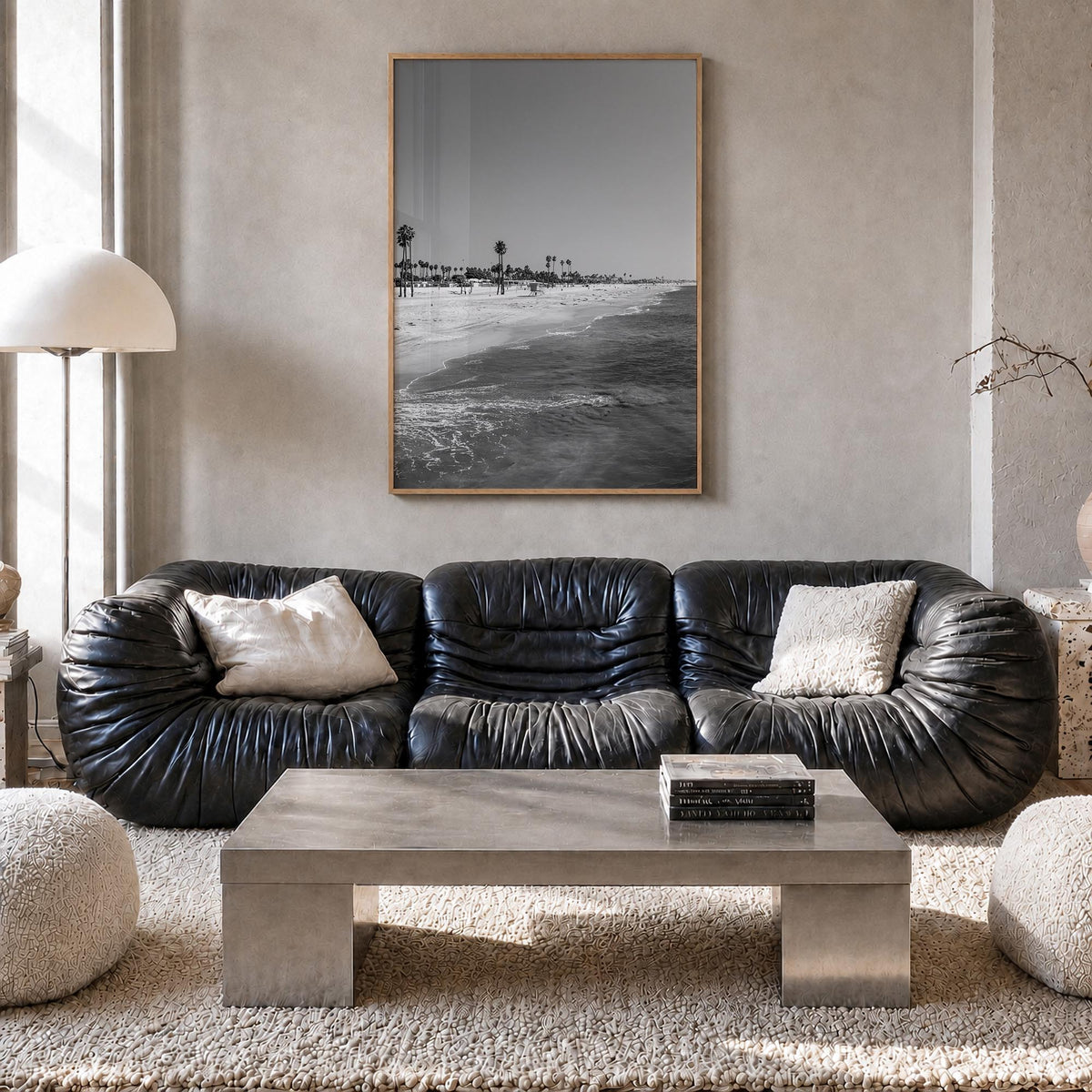 Hermosa Beach black & white photo poster of California, USA – vertical wall art in natural wood frame, hanging on wall