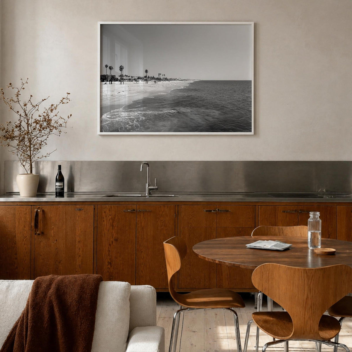 Hermosa Beach black & white photo poster of California, USA – horizontal wall art in white wood frame, hanging on wall