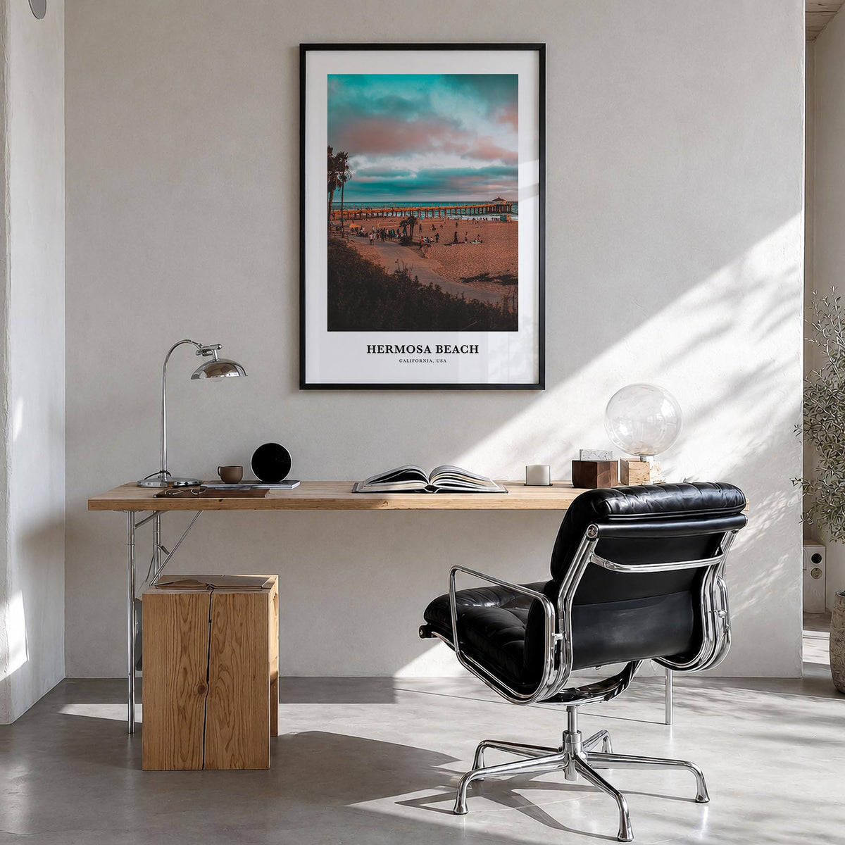 Hermosa Beach colorful classic poster of California, USA – vertical wall art in black wood frame, hanging on wall