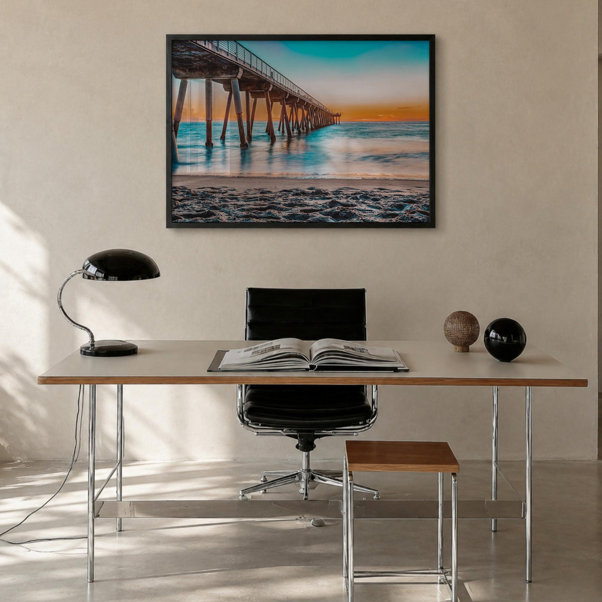 Hermosa Beach colorful photo poster of California, USA – horizontal wall art in black wood frame, hanging on wall