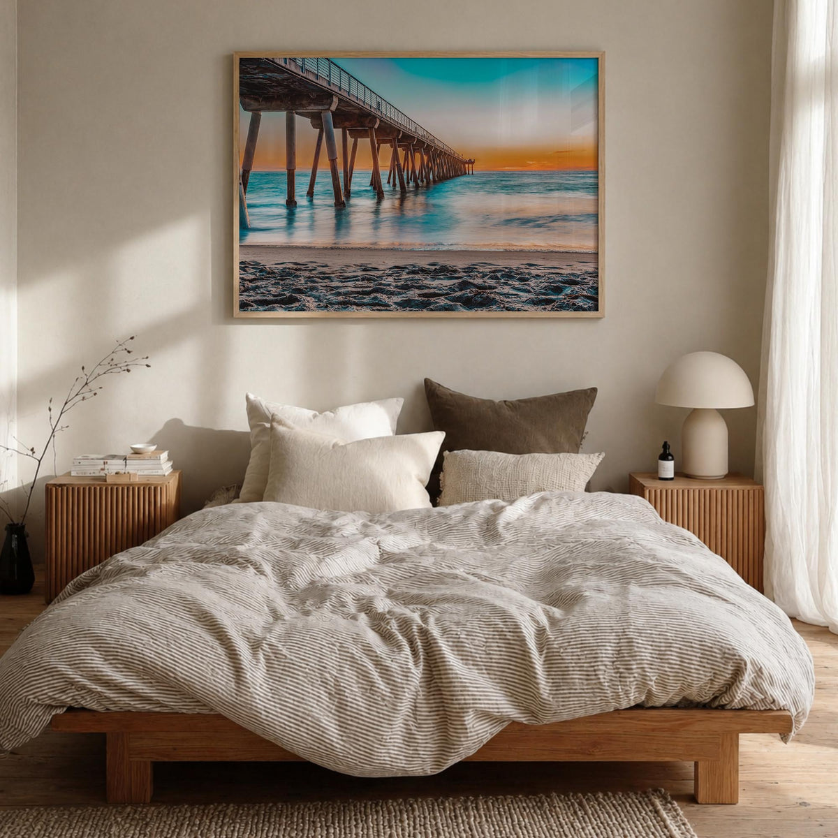 Hermosa Beach colorful photo poster of California, USA – horizontal wall art in natural wood frame, hanging on wall