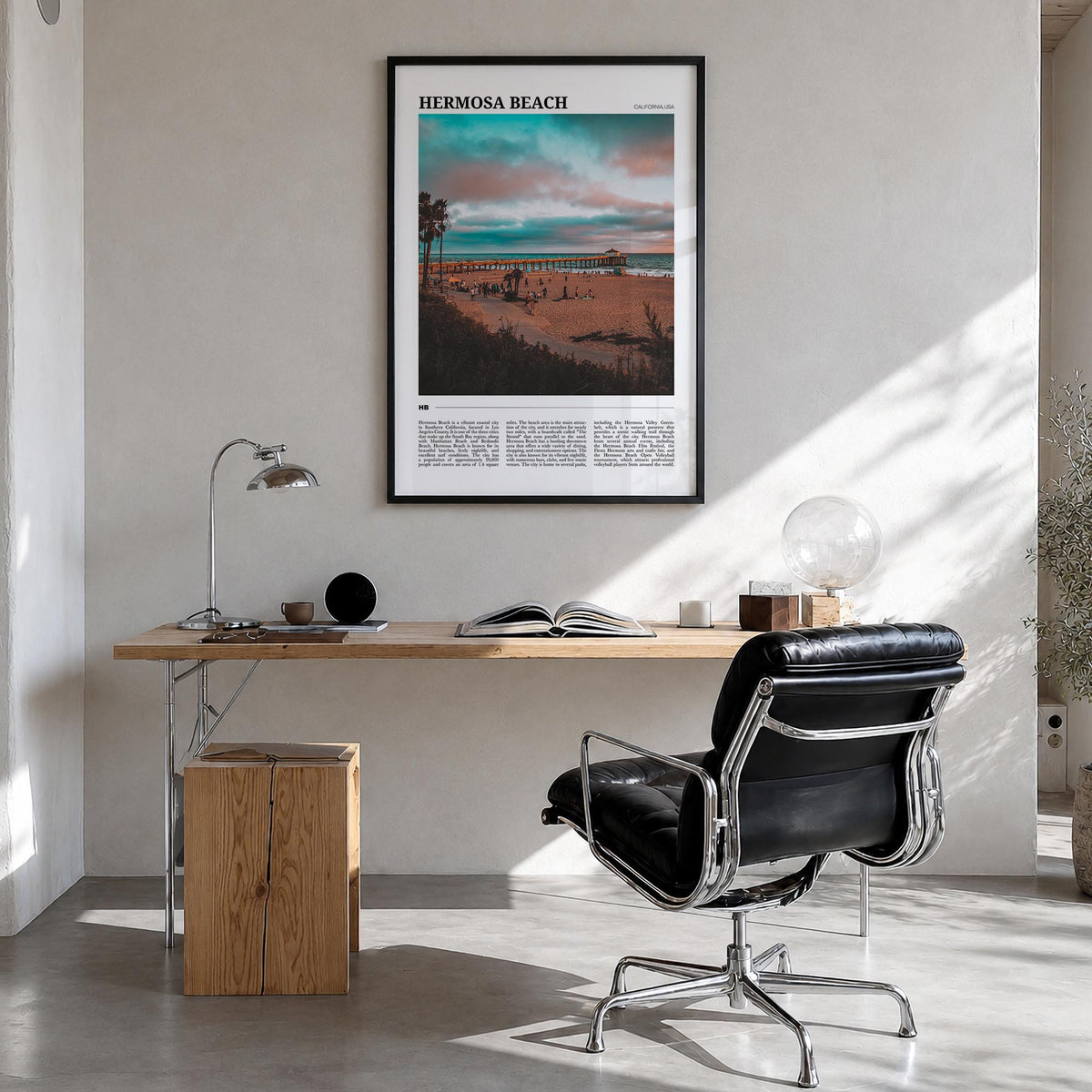 Hermosa Beach colorful travel poster of California, USA – vertical wall art in black wood frame, hanging on wall