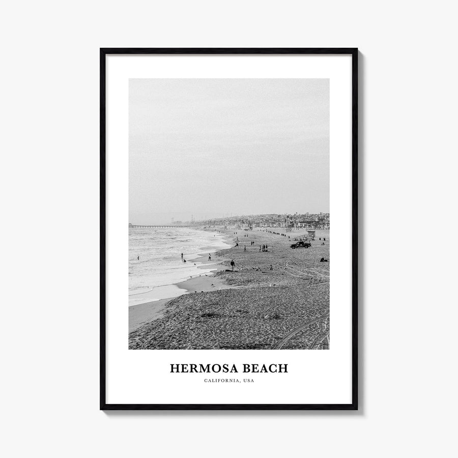 Hermosa Beach no. 1 black & white classic poster of California, USA – vertical wall art, unframed print shown in interior moc