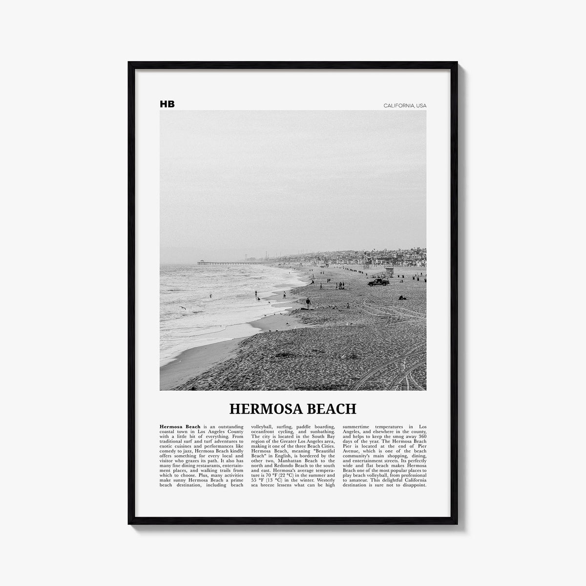 Hermosa Beach no. 1 black & white newspaper poster of California, USA – vertical wall art, unframed print shown in interior m