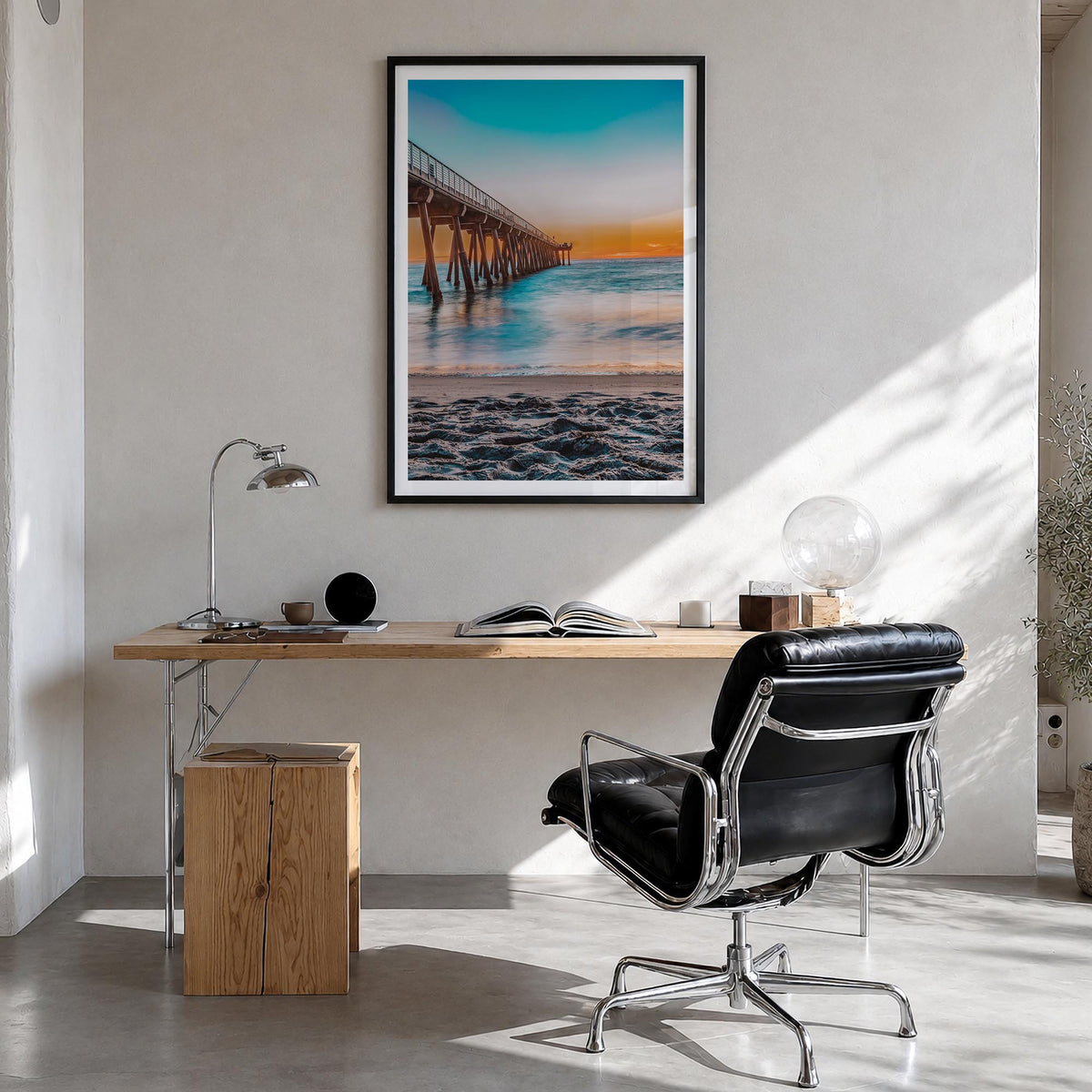 Hermosa Beach no. 1 colorful photo poster of California, USA – vertical wall art in black wood frame with white border, hangi