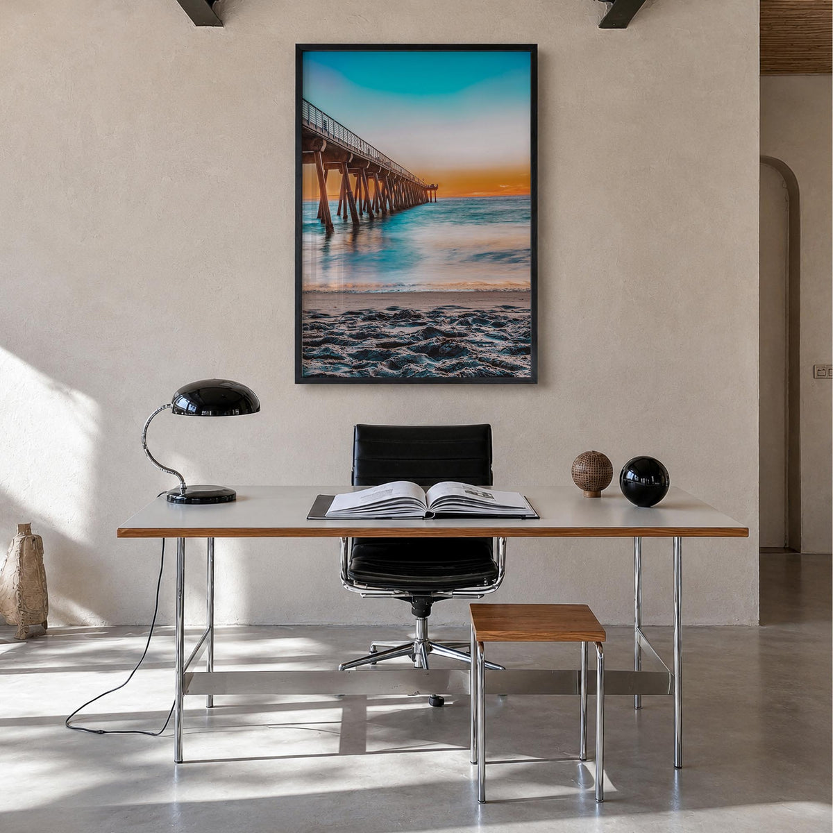 Hermosa Beach no. 1 colorful photo poster of California, USA – vertical wall art in black wood frame, hanging on wall