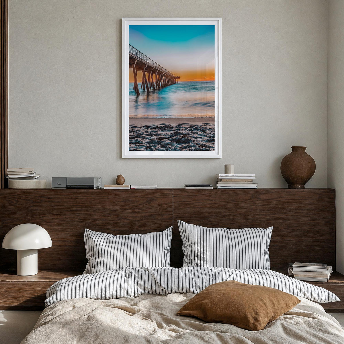 Hermosa Beach no. 1 colorful photo poster of California, USA – vertical wall art in white wood frame with white border, hangi