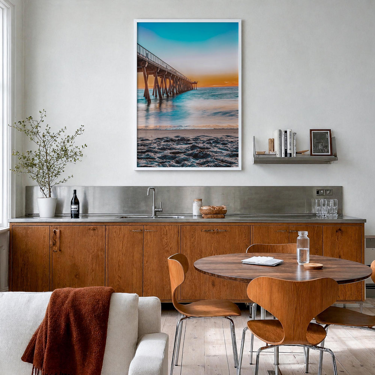 Hermosa Beach no. 1 colorful photo poster of California, USA – vertical wall art in white wood frame, hanging on wall