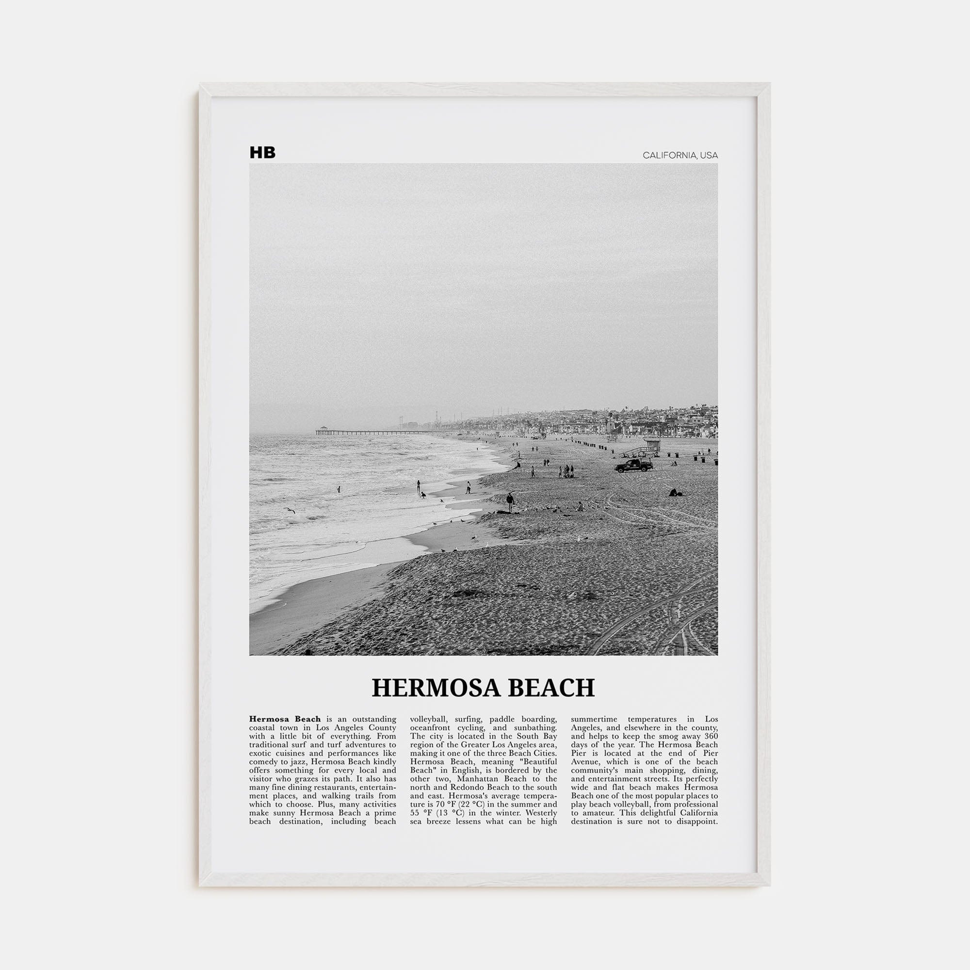 Hermosa Beach No 1 Poster White Wood / 8x12 in Nbourhood Travel B&W Poster