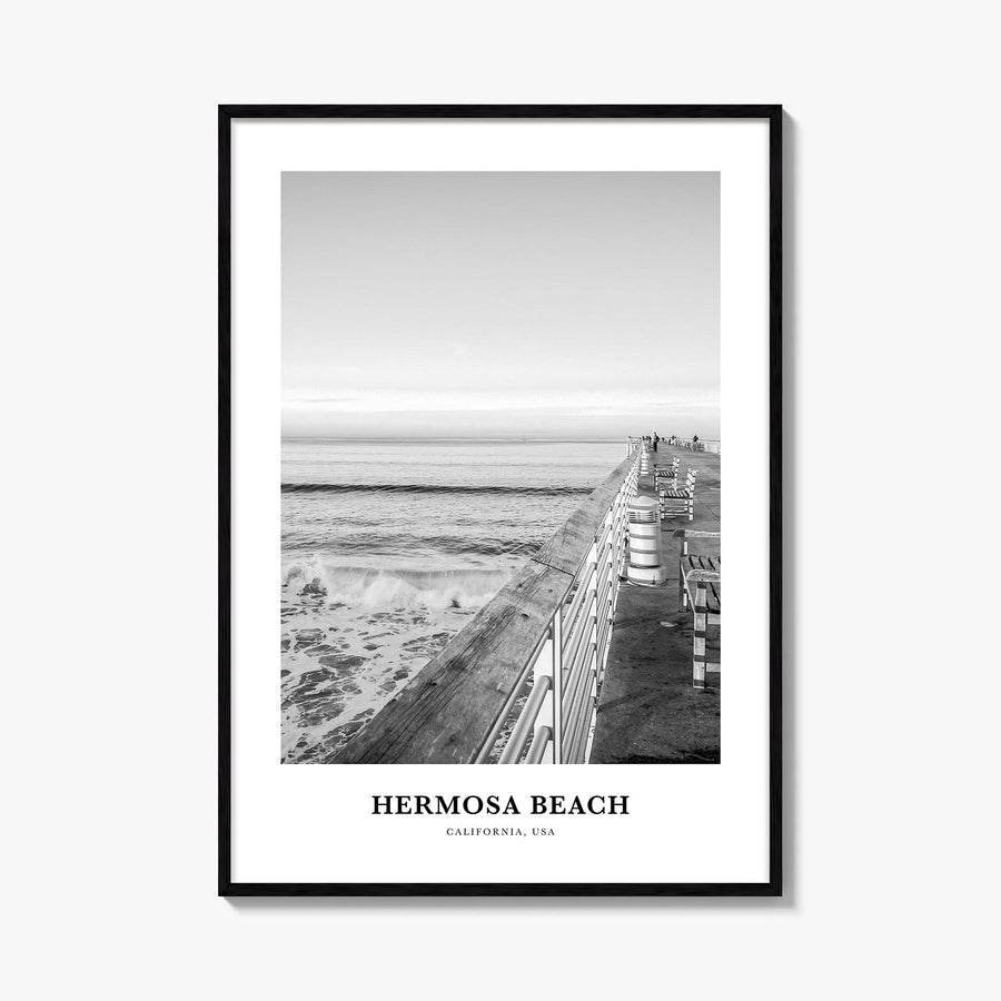 Hermosa Beach no. 2 black & white classic poster of California, USA – vertical wall art, unframed print shown in interior moc