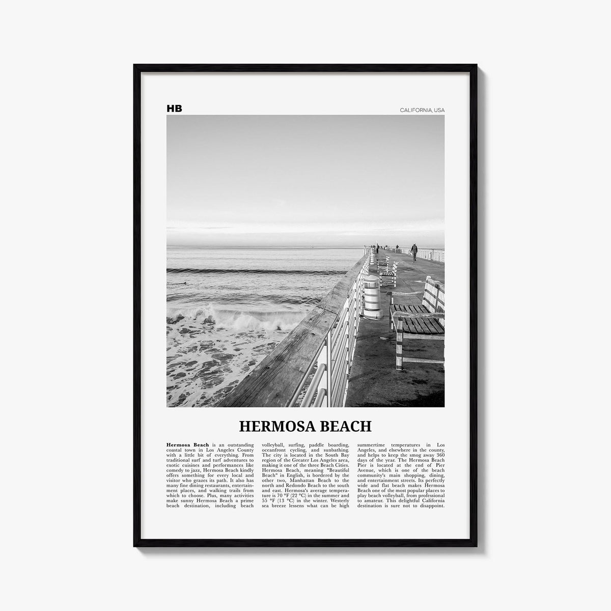 Hermosa Beach no. 2 black & white newspaper poster of California, USA – vertical wall art, unframed print shown in interior m