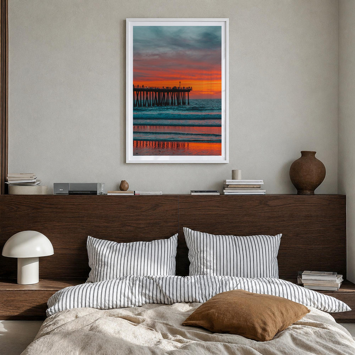 Hermosa Beach no. 2 colorful photo poster of California, USA – vertical wall art in white wood frame with white border, hangi