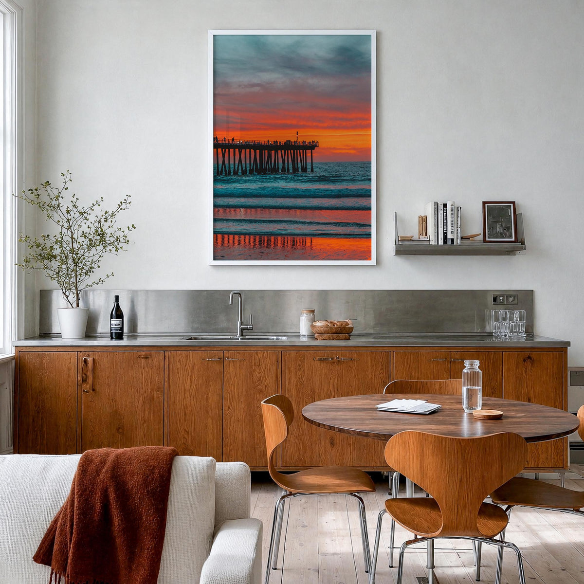 Hermosa Beach no. 2 colorful photo poster of California, USA – vertical wall art in white wood frame, hanging on wall